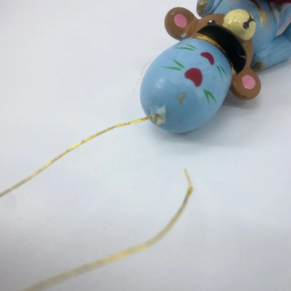 Brown Bear Wood Ornament Holding Playing Red Guitar Blue Top & Hat 3 inches - Picture 8 of 9